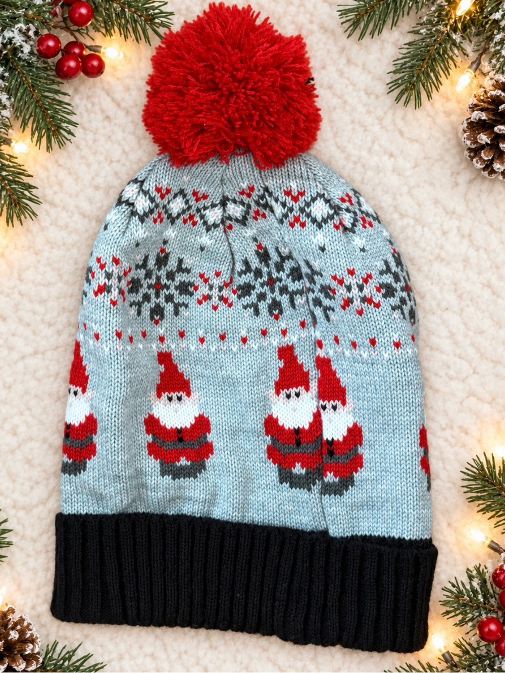 Aeropostale Santa Knit Hat Gray & Black Beanie Red Pom Pom One Size